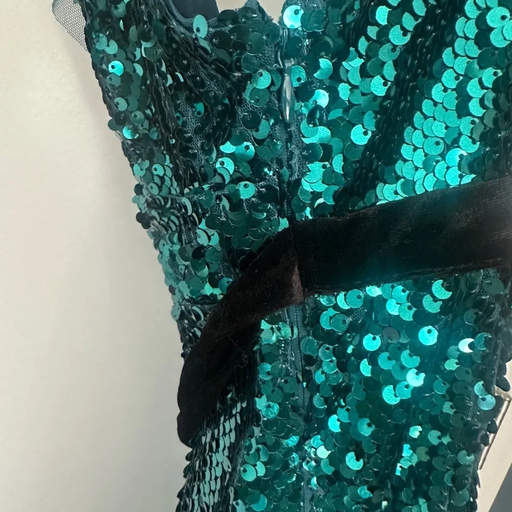 Free People Teal Sequin V-Neck Mini Party Dress with Black Velvet Tie